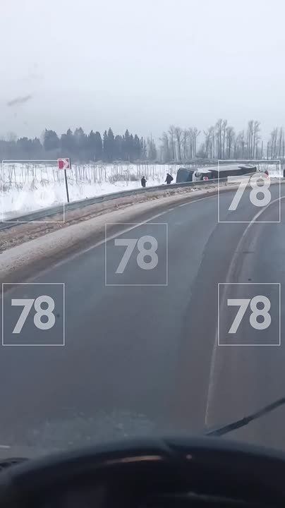 Рейсовый автобус вылетел с трассы и опрокинулся в кювет в районе посёлка Алексеевка (Кингисеппский район)